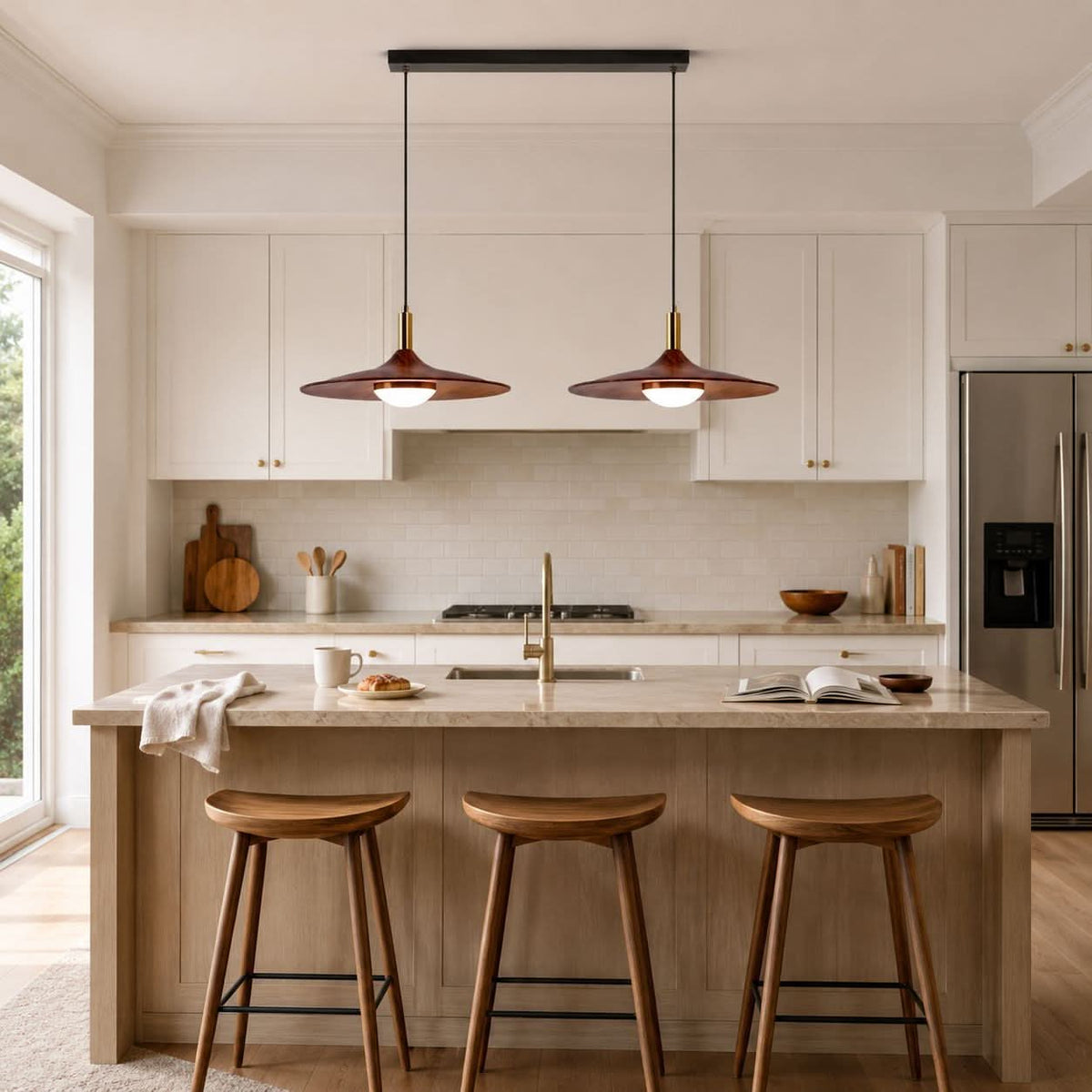 walnut double pendant light over a kitchen island