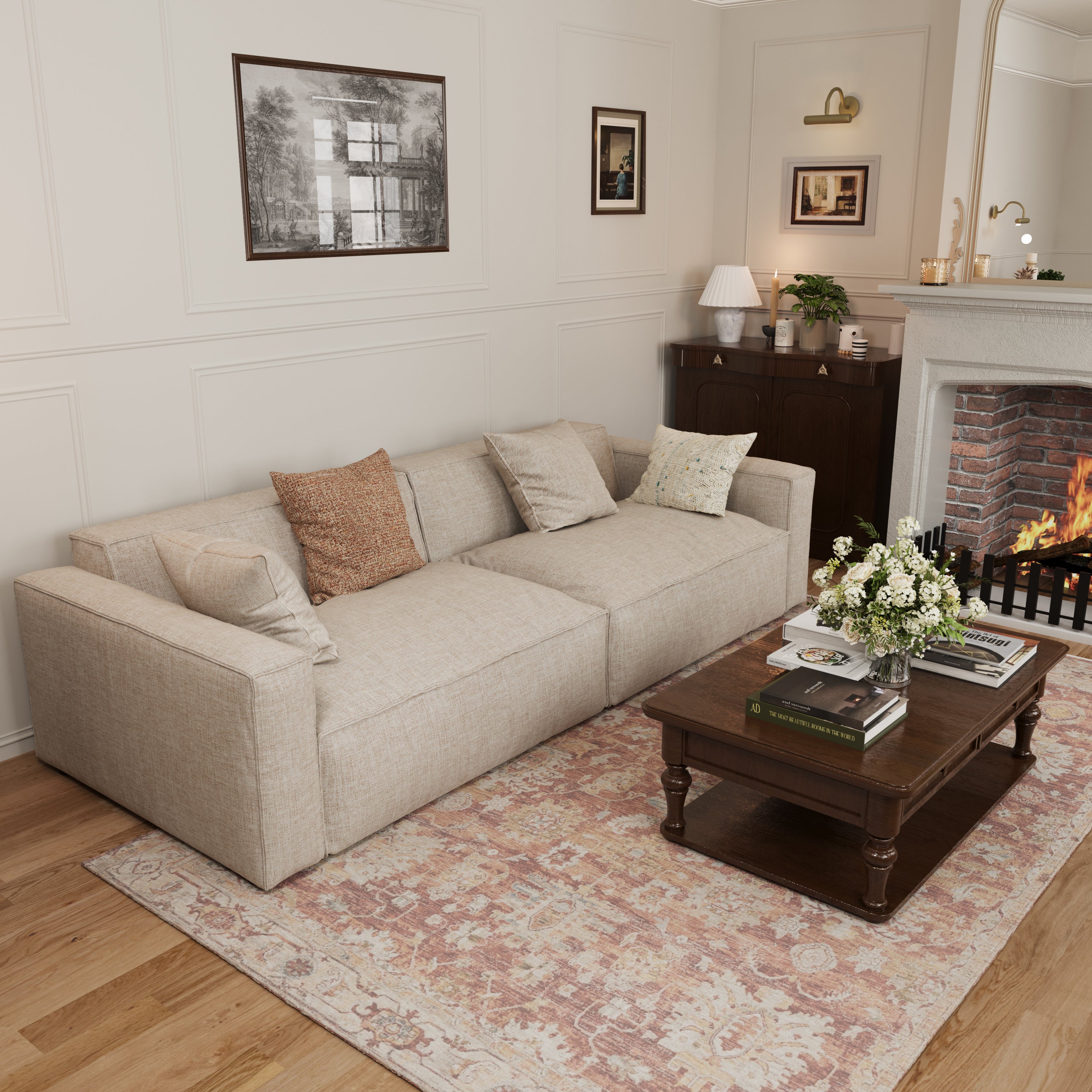 Elegant Linen Tofu Block Fabric Down Sofa