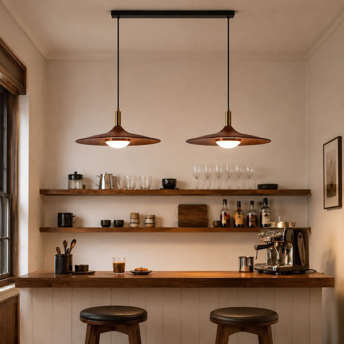 walnut double pendant light in a warm living room