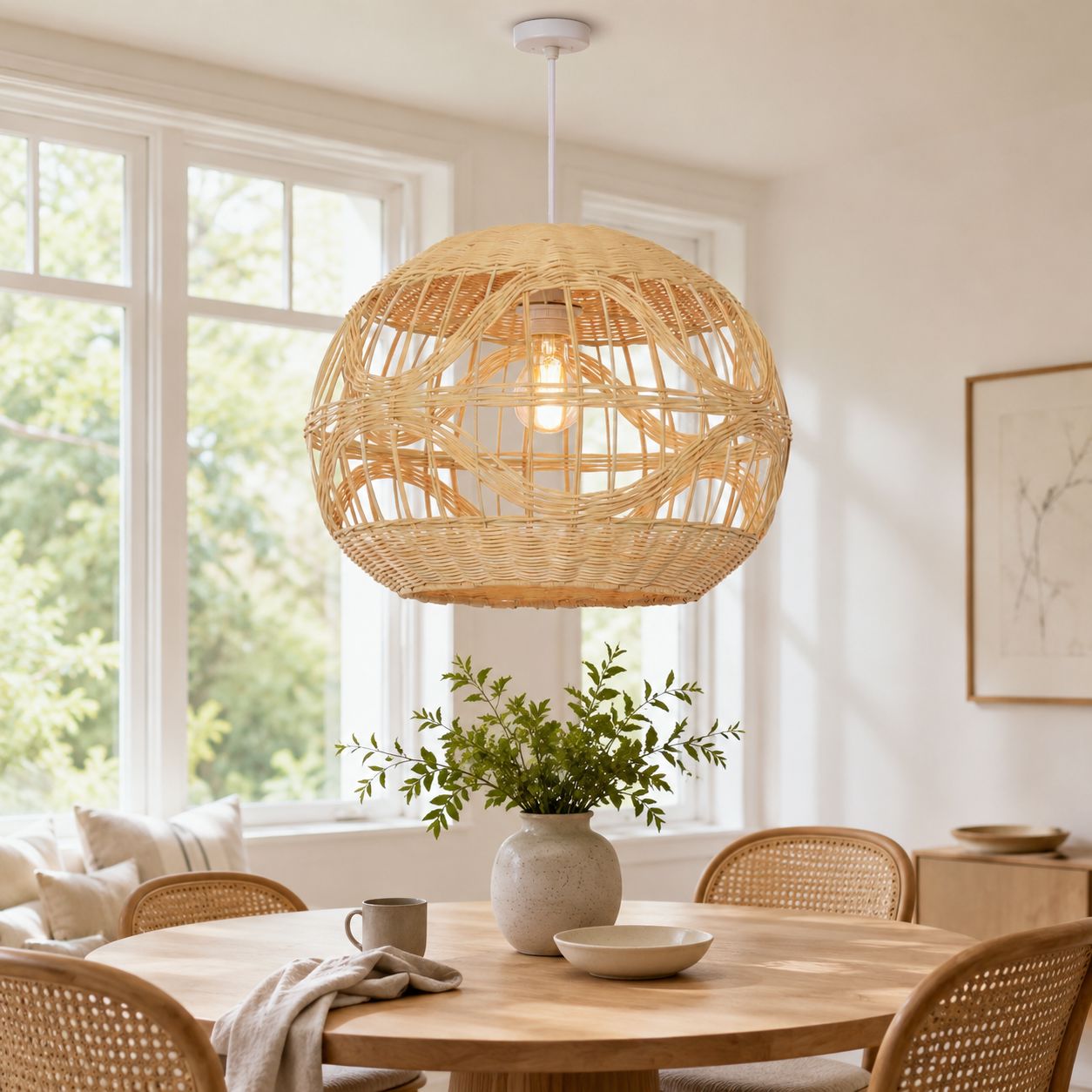 Lightsin Sustainable Handwoven Spherical Rattan Pendant Light with Wave Details Lightsin UK 