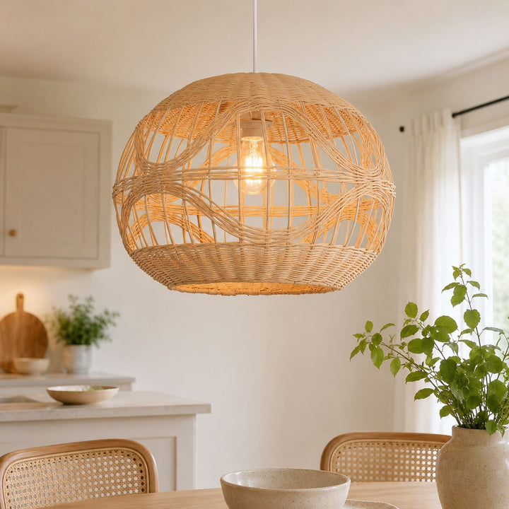 Lightsin Sustainable Handwoven Spherical Rattan Pendant Light with Wave Details Lightsin UK 