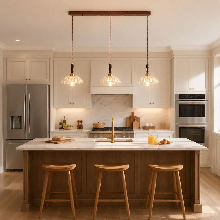 3-light walnut resin mini pendant styled in a calm bedroom