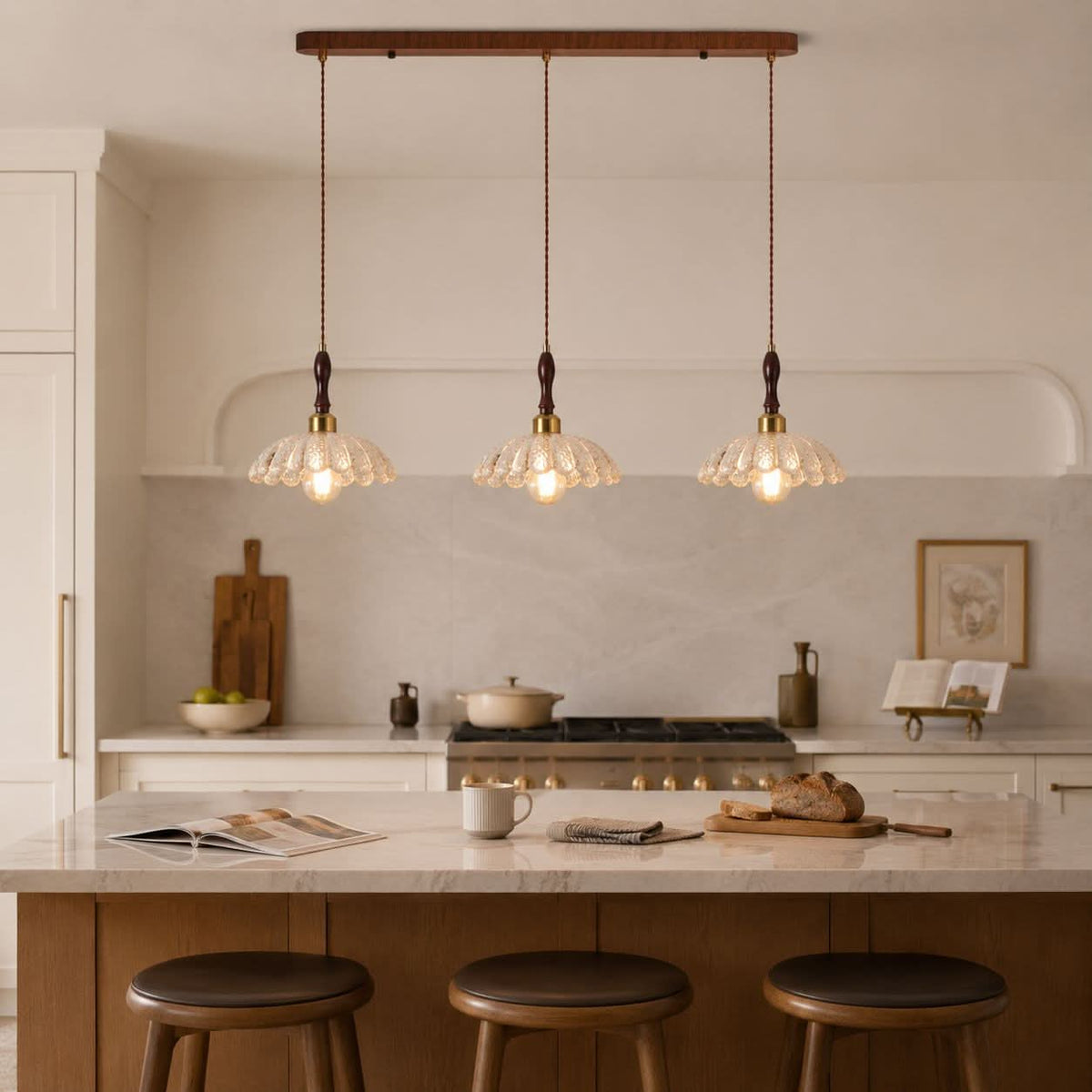 3-light walnut resin mini pendant over a kitchen island
