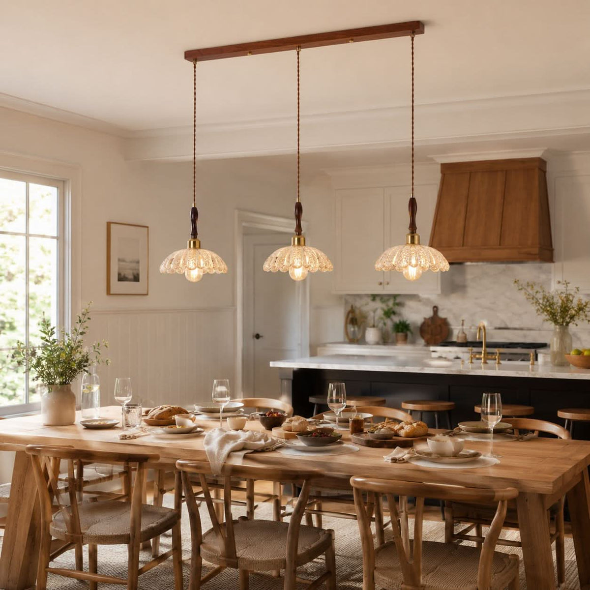 3-light walnut resin mini pendant in a warm living room