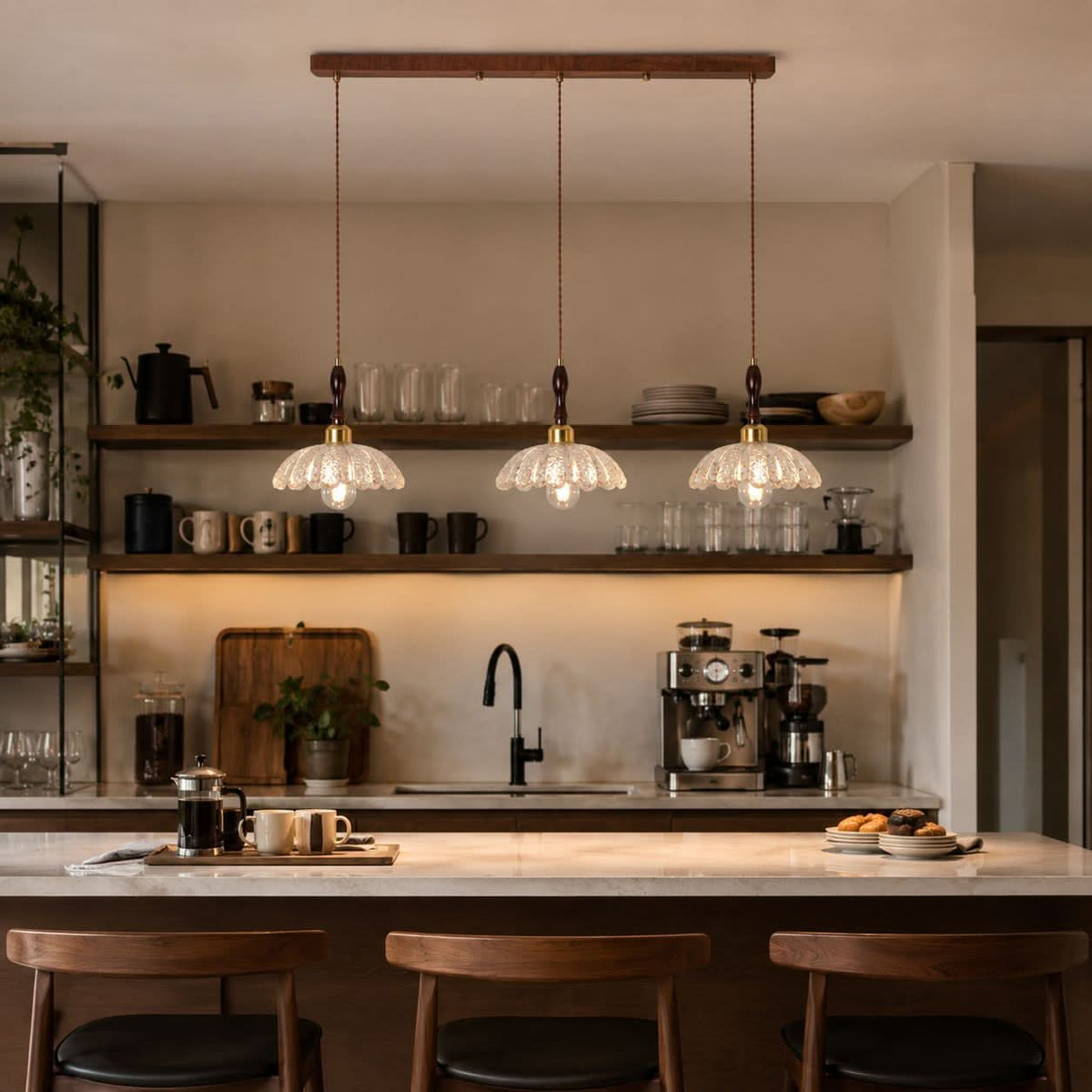 3-light walnut resin mini pendant shown as a clean product view