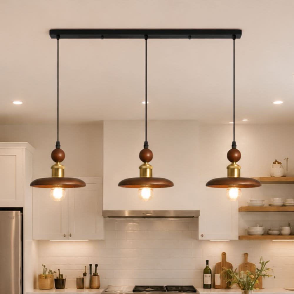 3-light walnut wood mini pendant shown as a clean product view