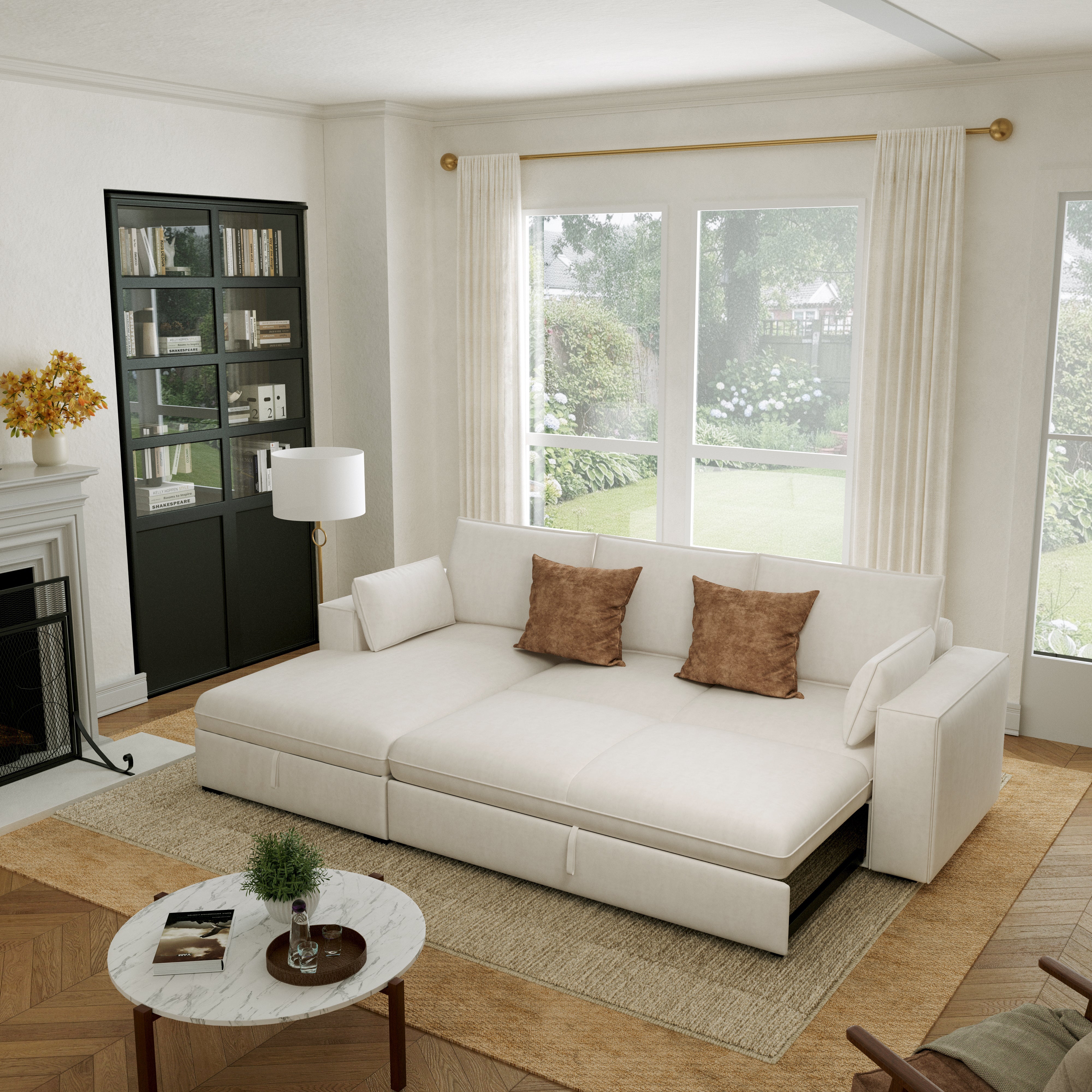 Creamy Tofu Block Pullout Sofa Bed with Storage