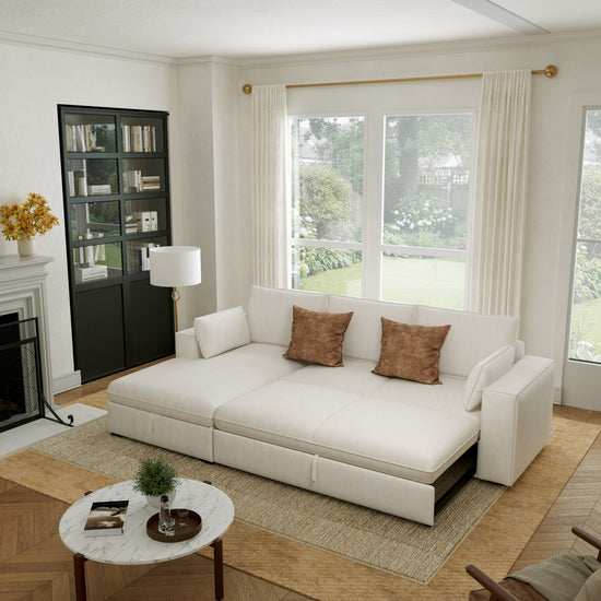 Creamy Tofu Block Pullout Sofa Bed with Storage