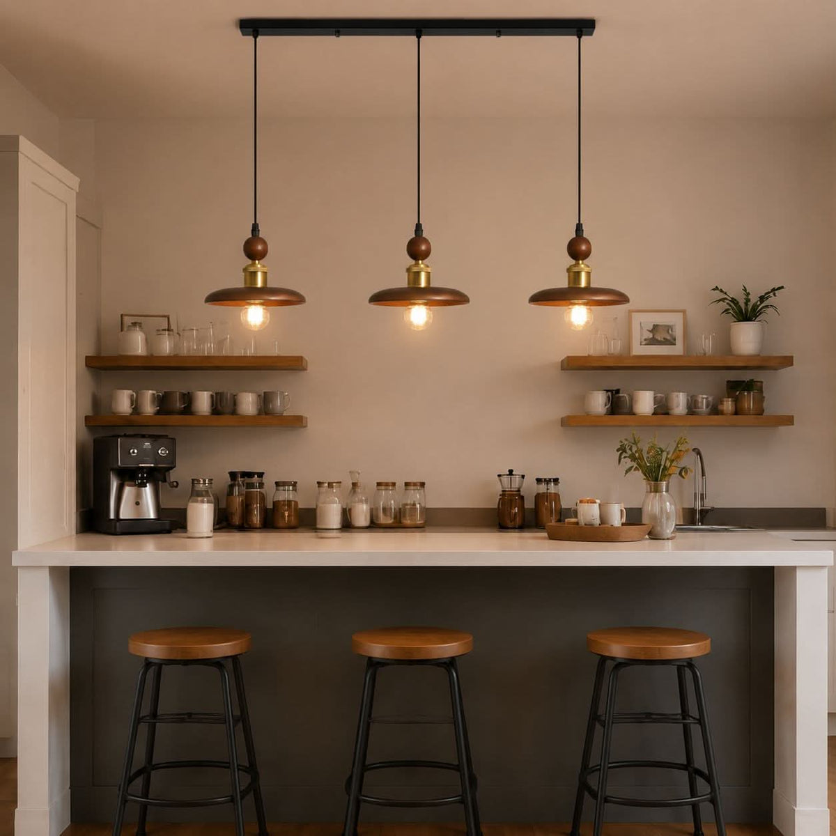 3-light walnut wood mini pendant over a kitchen island
