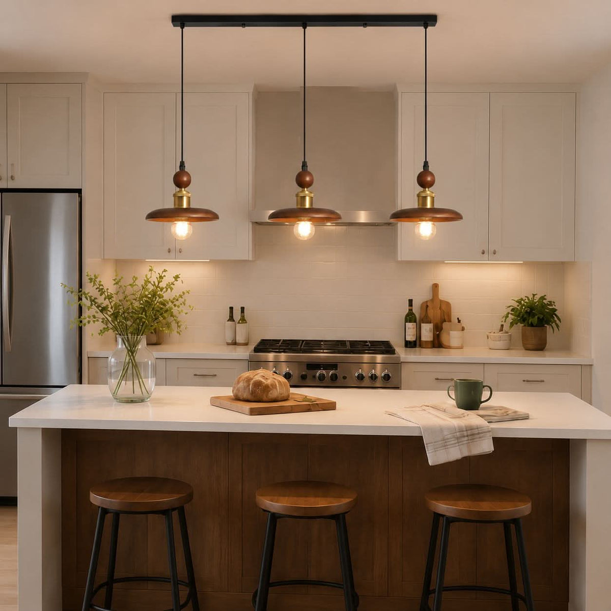 3-light walnut wood mini pendant in a warm living room