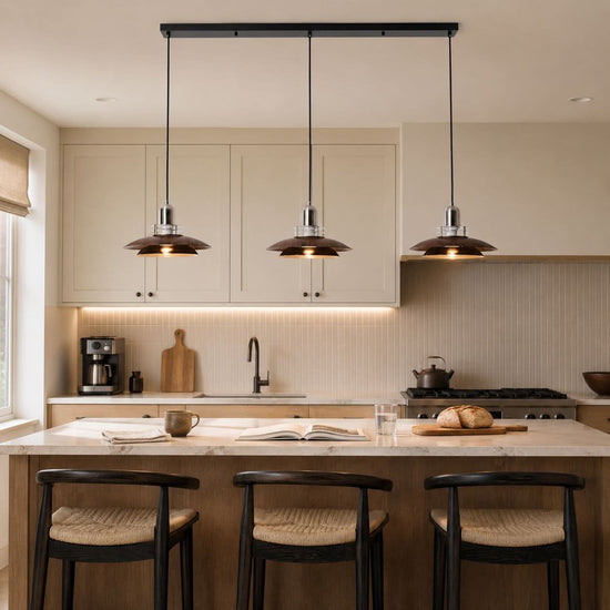 3-light walnut iron bar pendant styled in a calm bedroom