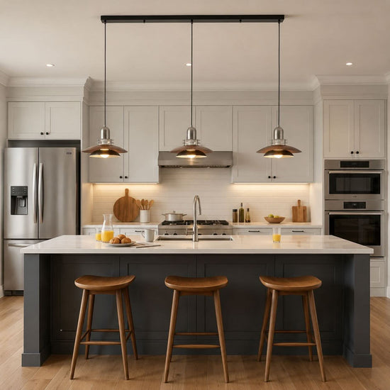 3-light walnut iron bar pendant over a kitchen island