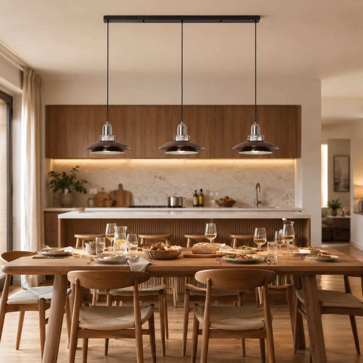 3-light walnut iron bar pendant in a warm living room