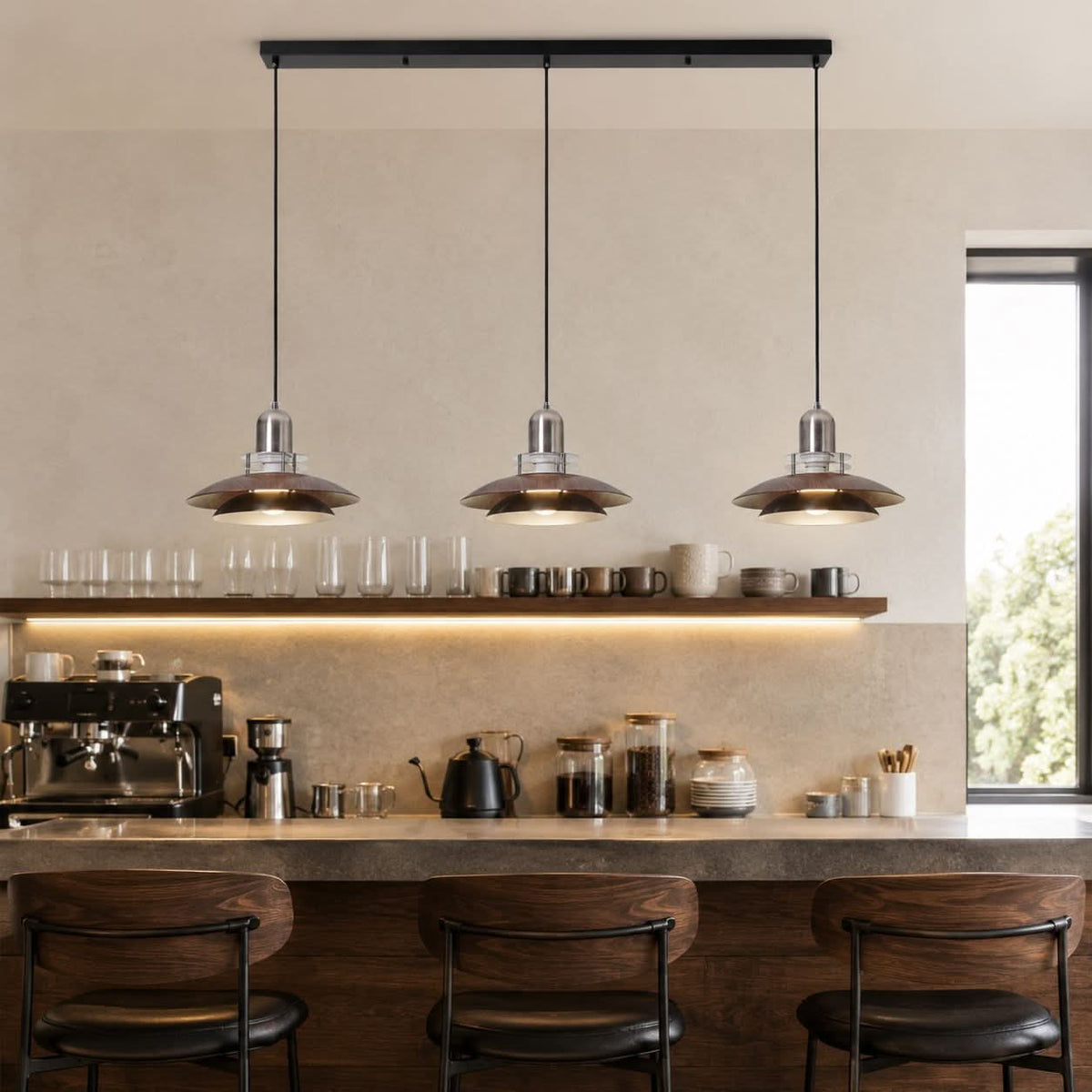 3-light walnut iron bar pendant shown as a clean product view