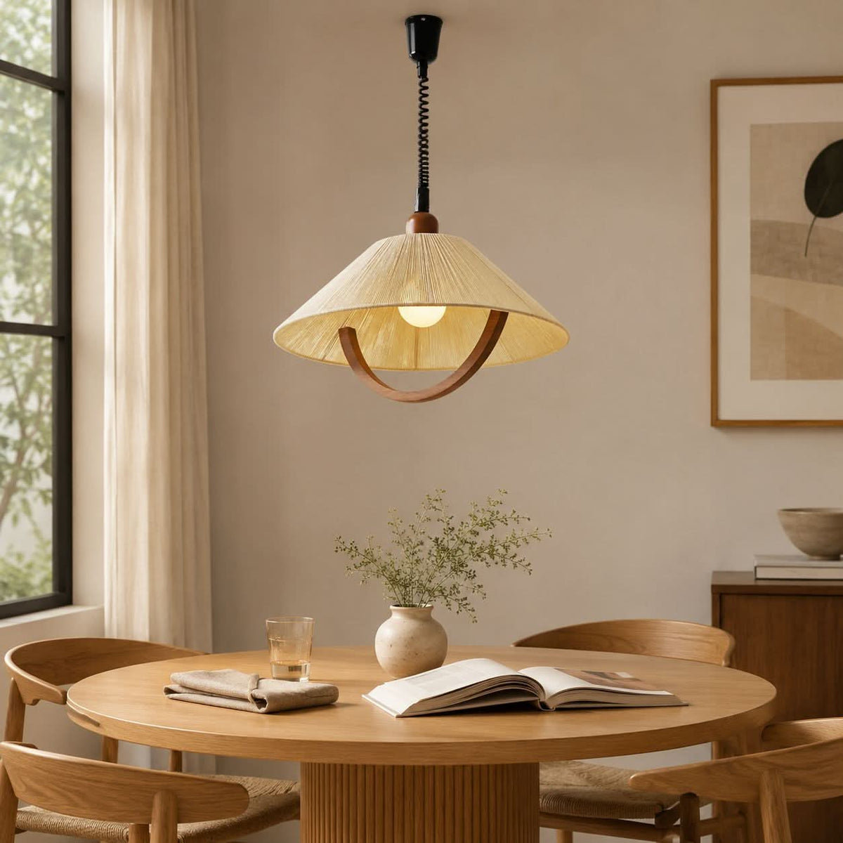 natural wood curved pendant light styled in a calm bedroom