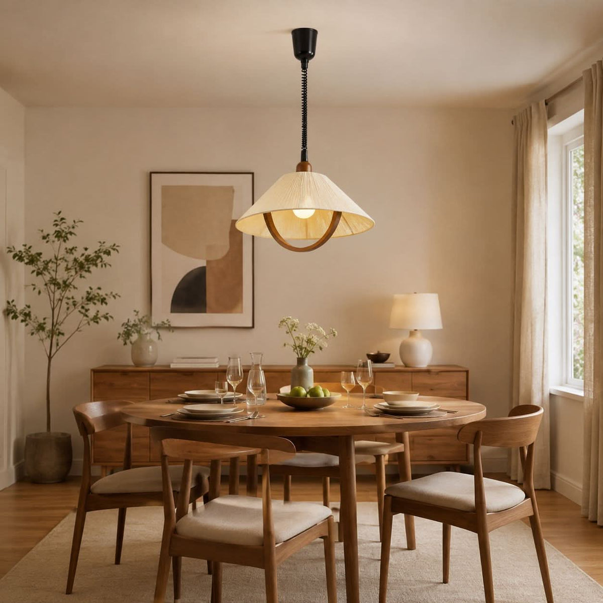 natural wood curved pendant light over a kitchen island