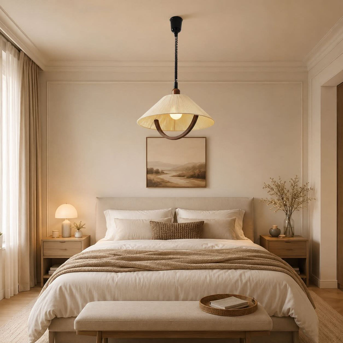 natural wood curved pendant light in a warm living room