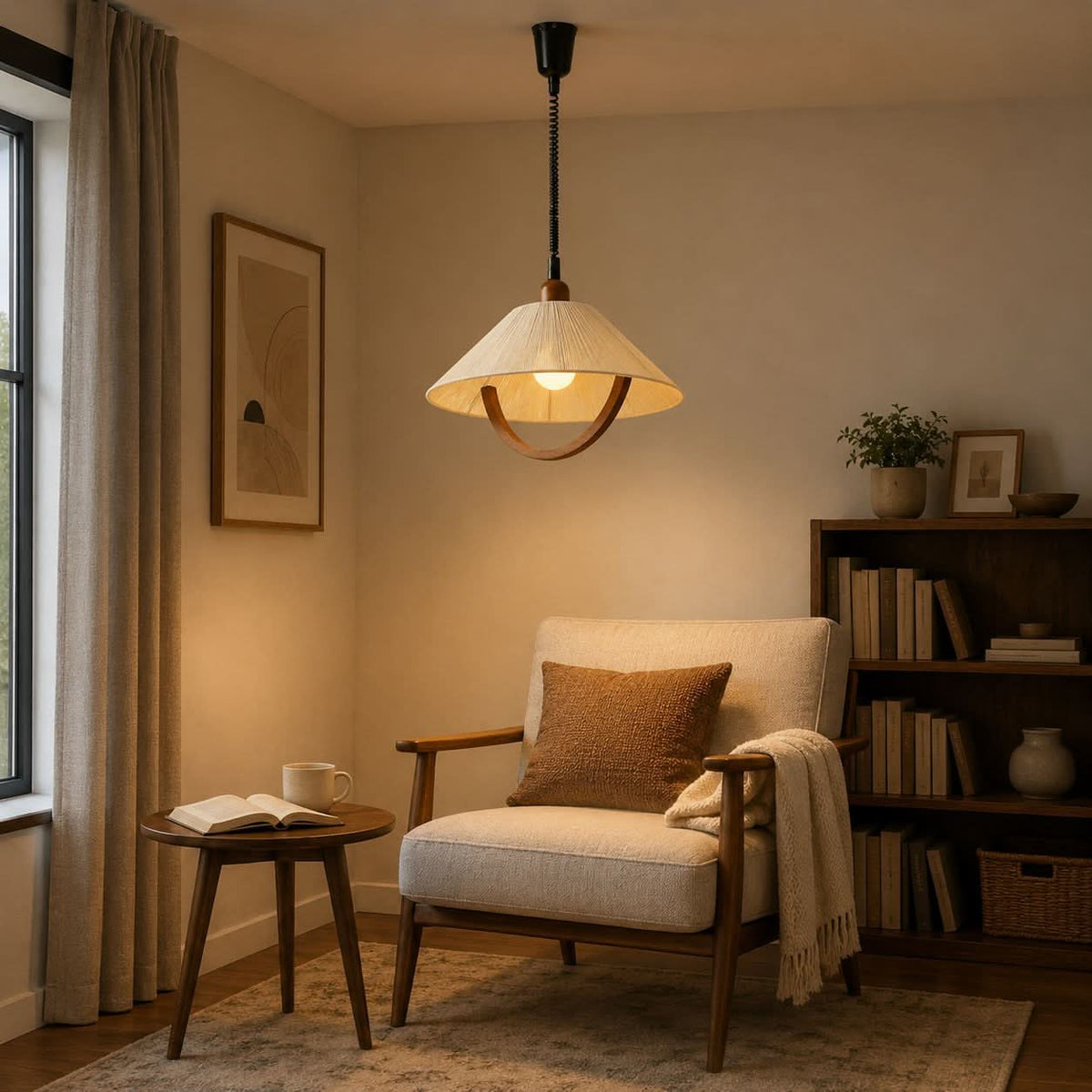 natural wood curved pendant light shown as a clean product view