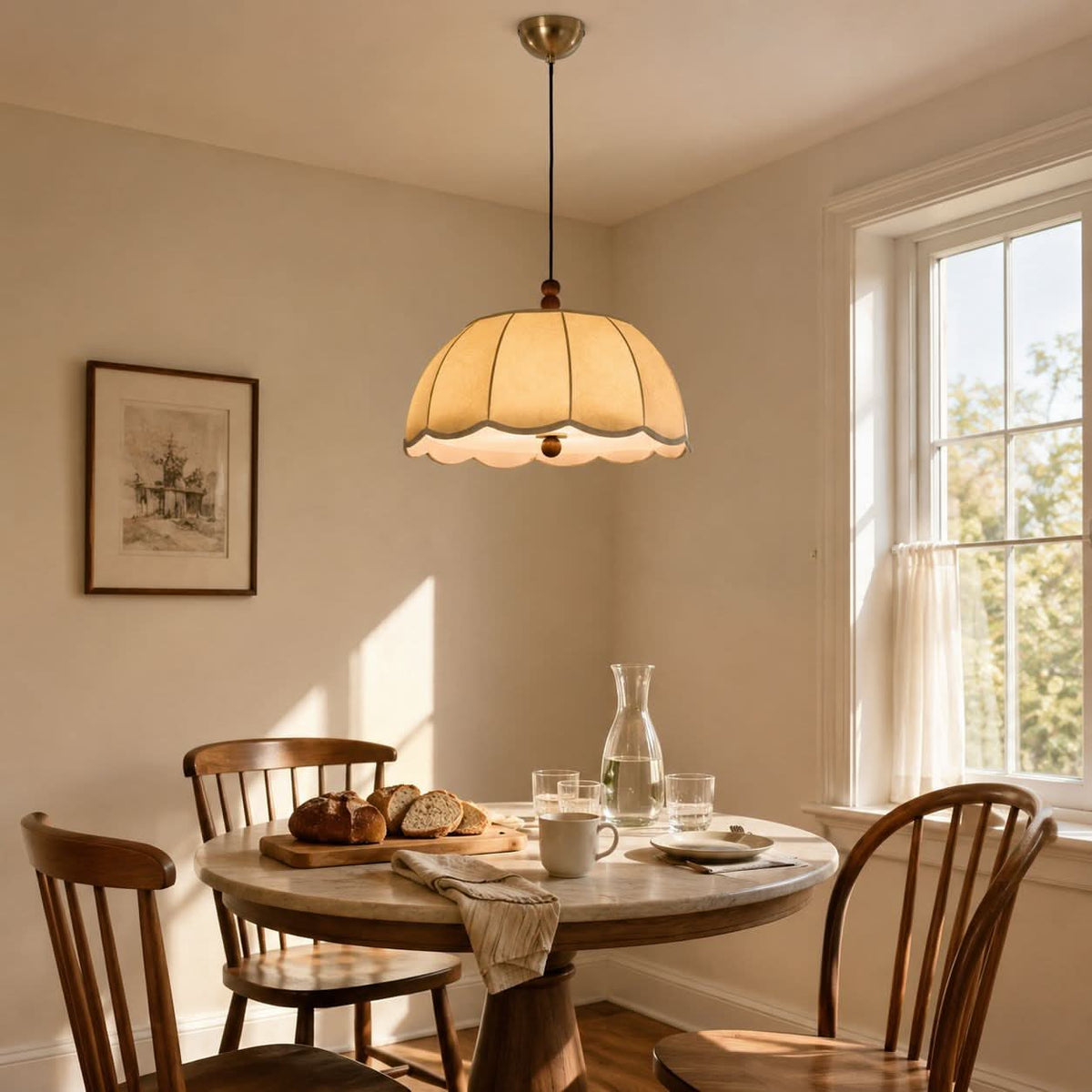 yellow fabric pendant light styled in a calm bedroom