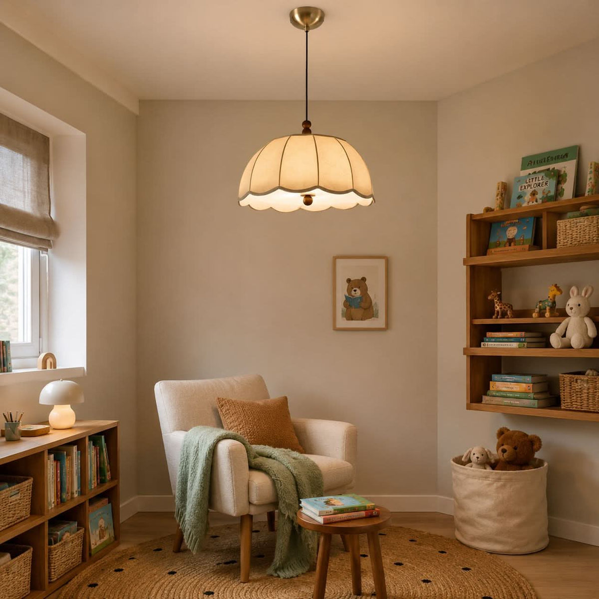 yellow fabric pendant light over a kitchen island