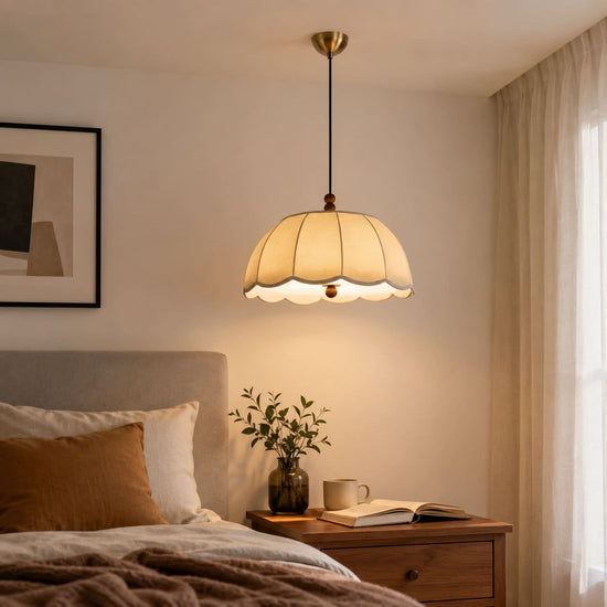 yellow fabric pendant light in a warm living room