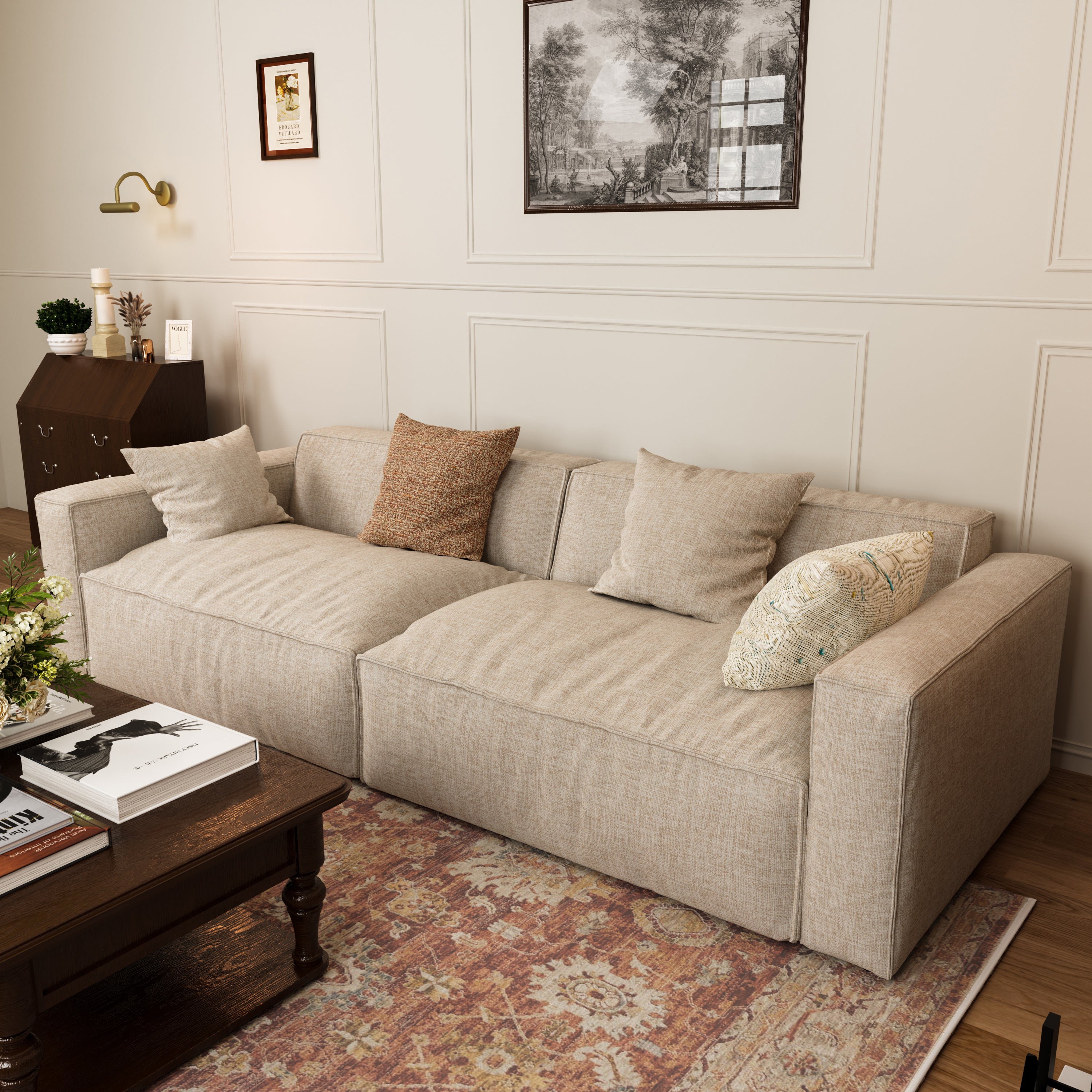 Elegant Linen Tofu Block Fabric Down Sofa