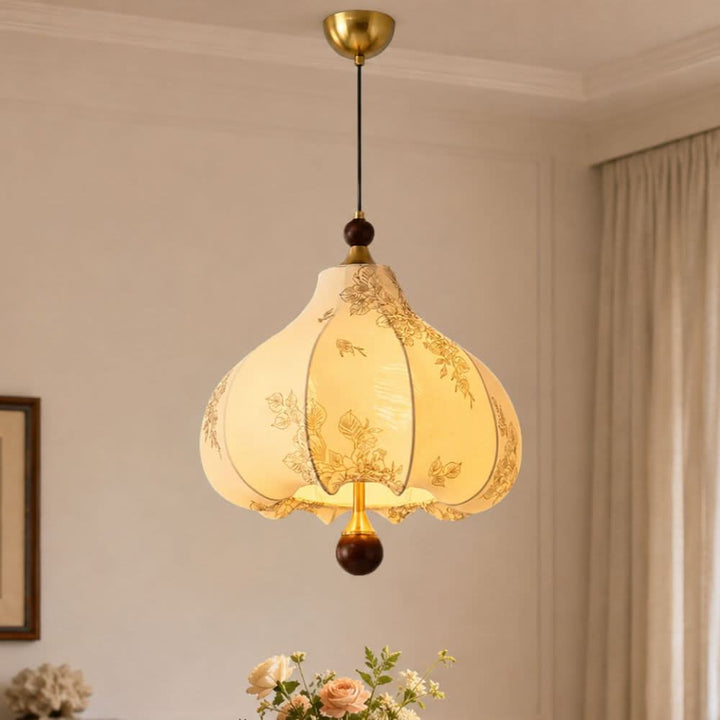 yellow floral fabric pendant light shown as a clean product view