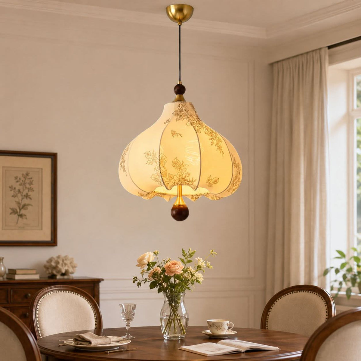 yellow floral fabric pendant light styled in a calm bedroom