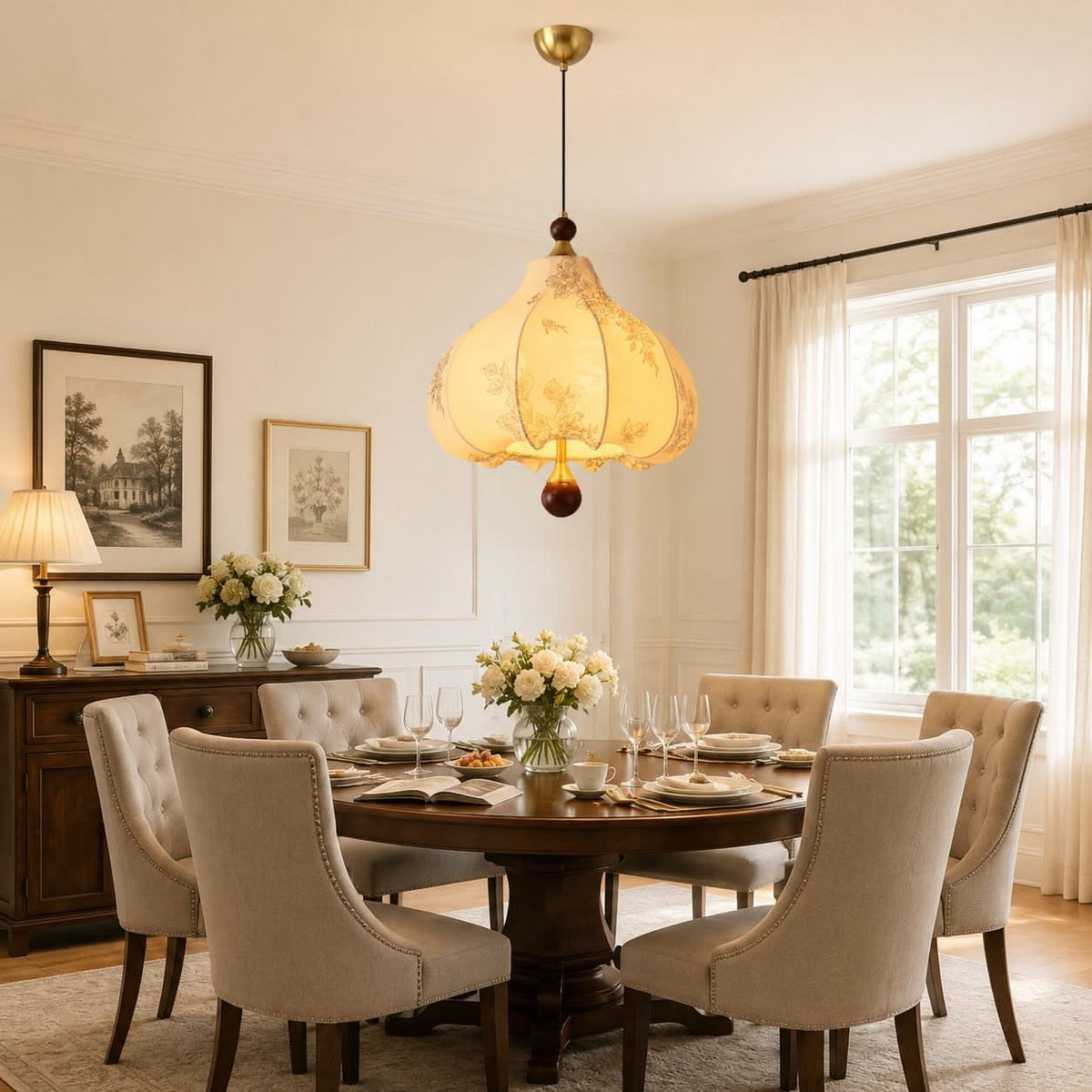 yellow floral fabric pendant light over a kitchen island