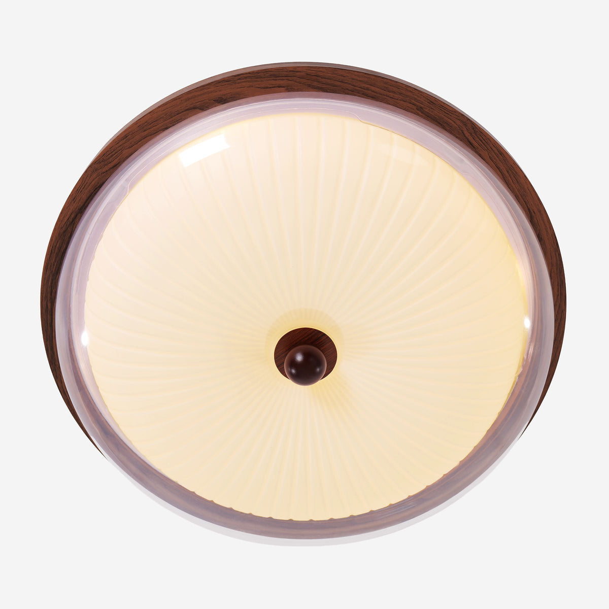 walnut ribbed acrylic ceiling light brightening a living room