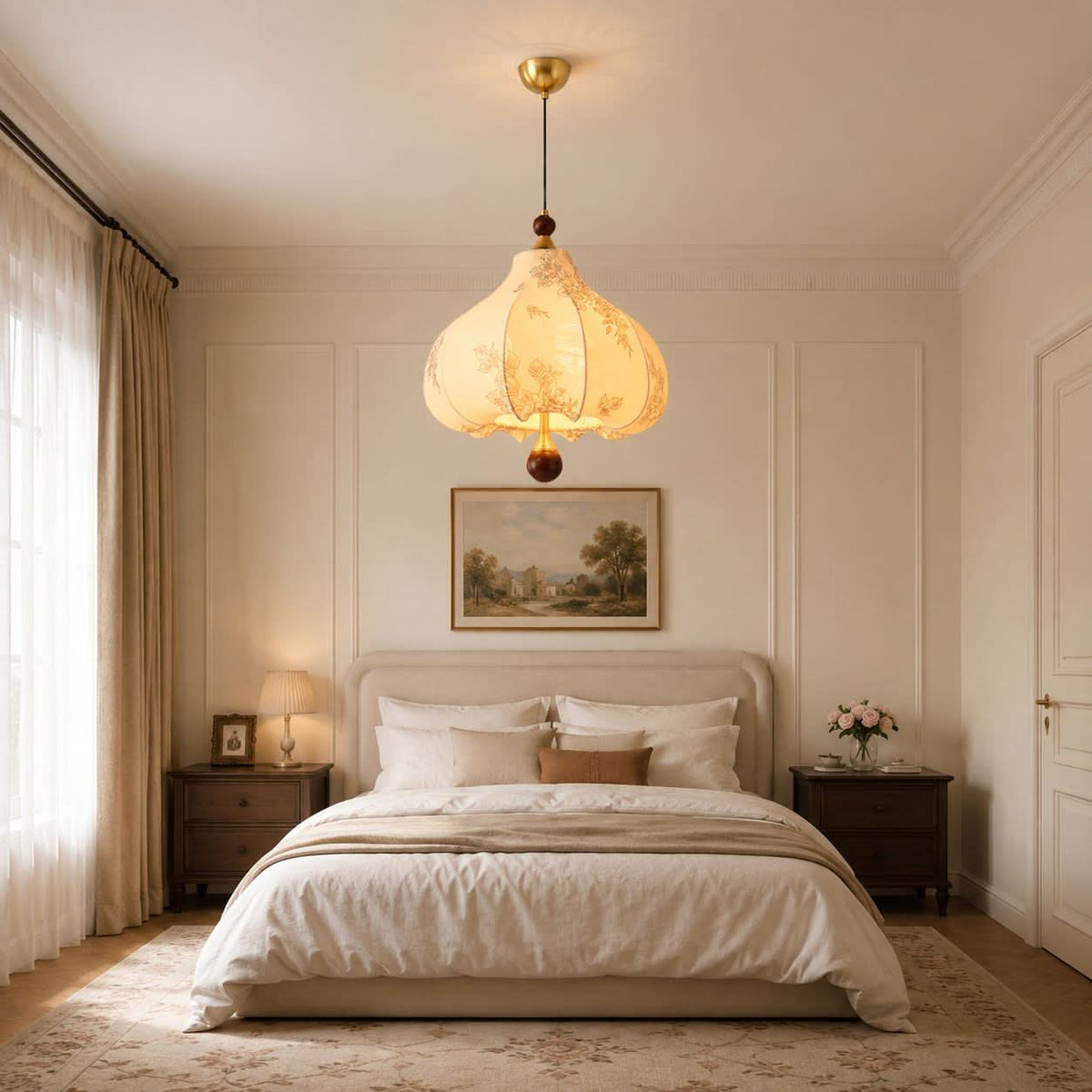 yellow floral fabric pendant light in a warm living room
