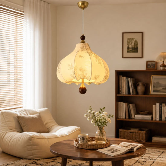 yellow floral fabric pendant light shown as a clean product view