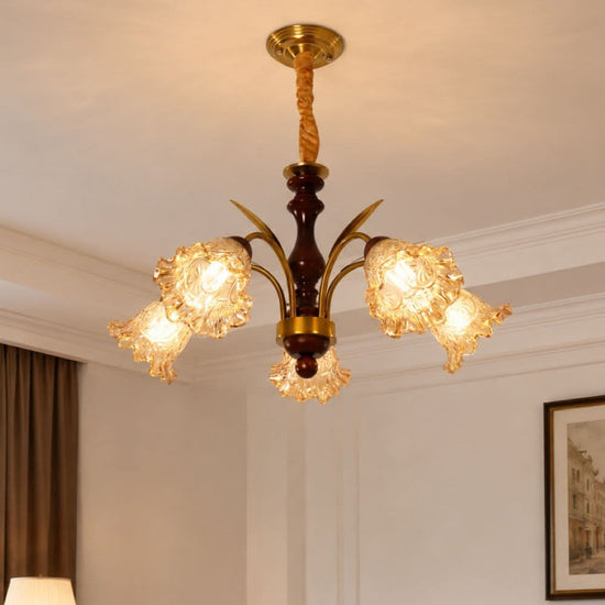 5-light copper chandelier with flower glass shades shown as a clean product view