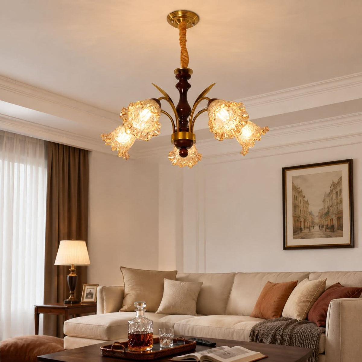 5-light copper chandelier with flower glass shades styled in a warm living room