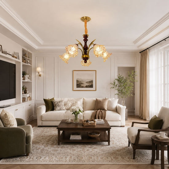 5-light copper chandelier with flower glass shades adding soft light to a bedroom
