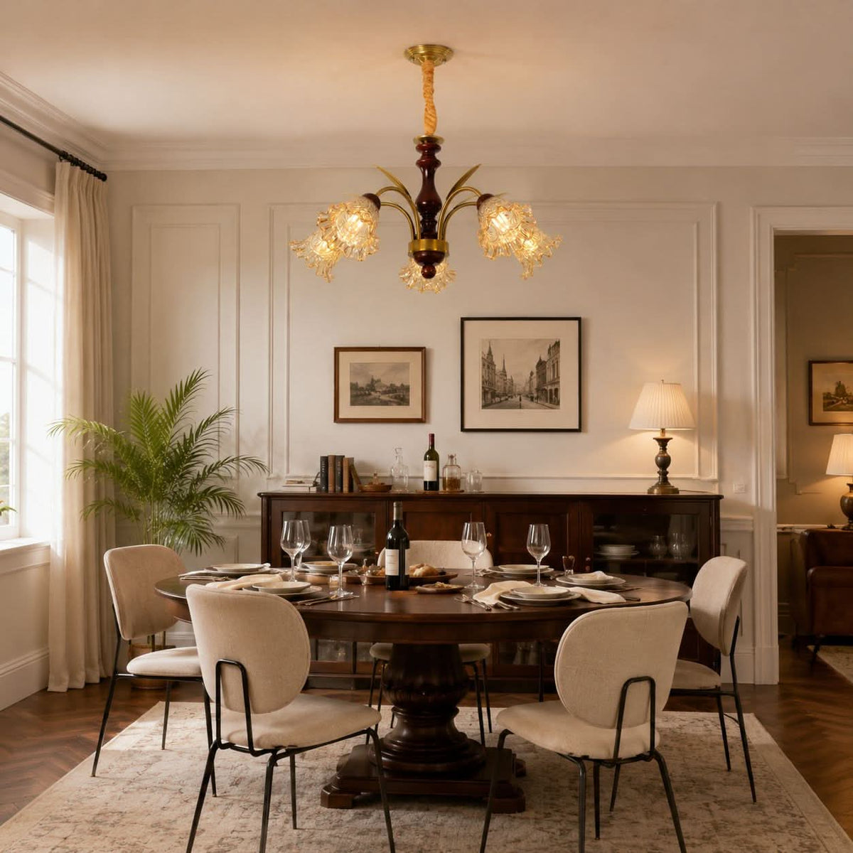5-light copper chandelier with flower glass shades shown as a clean product view