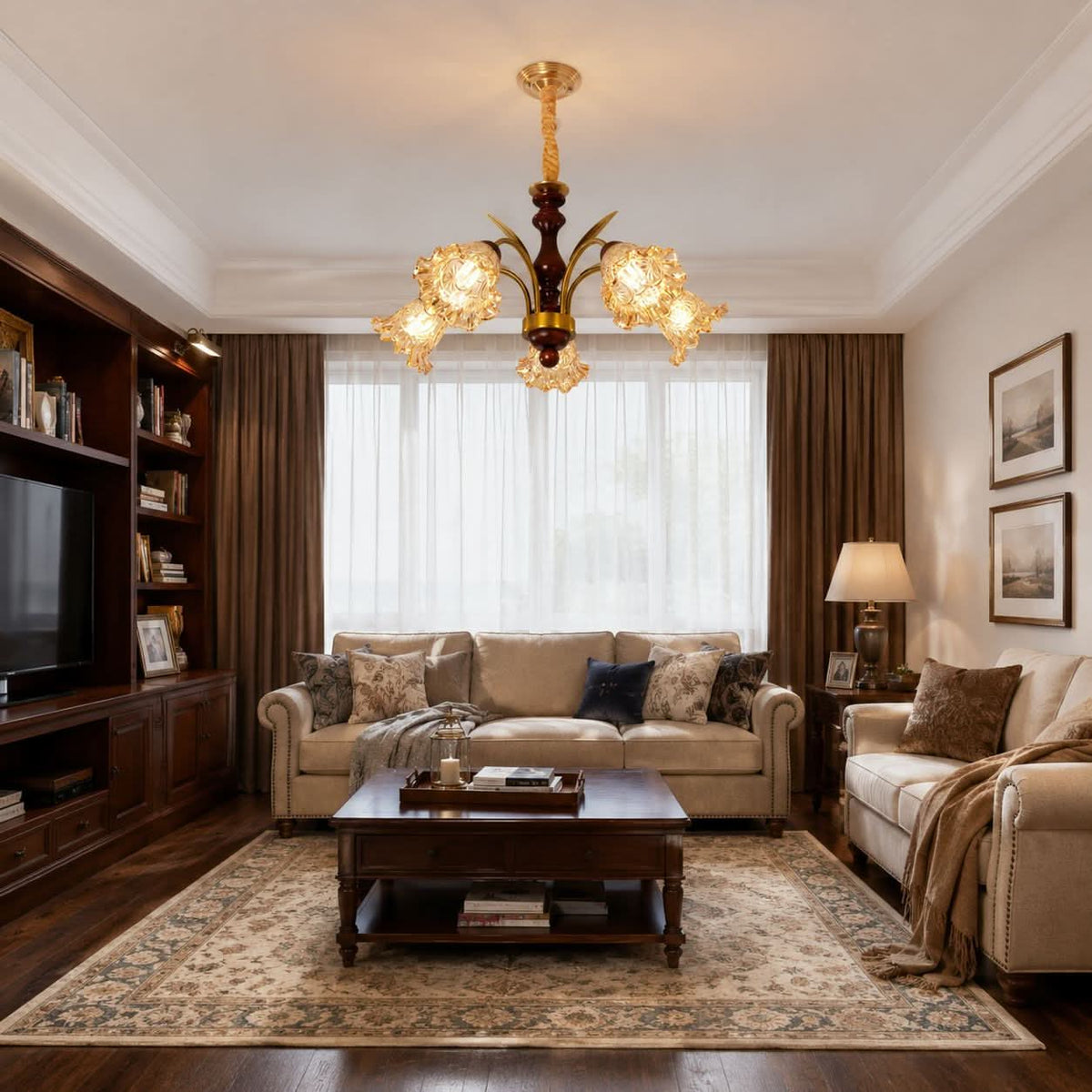 5-light copper chandelier with flower glass shades brightening a traditional dining room