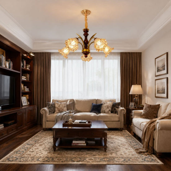5-light copper chandelier with flower glass shades brightening a traditional dining room