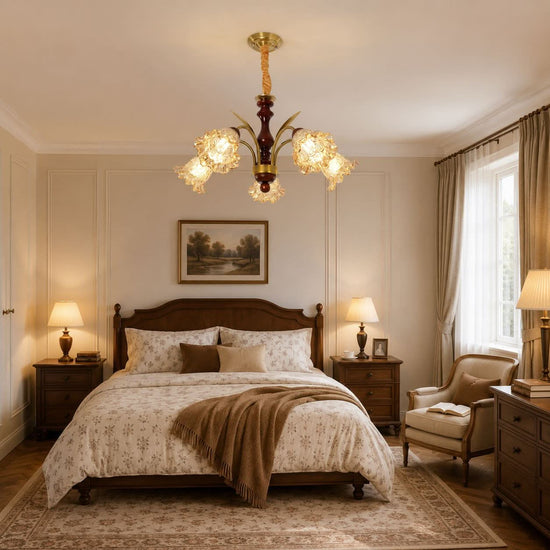 5-light copper chandelier with flower glass shades adding soft light to a bedroom