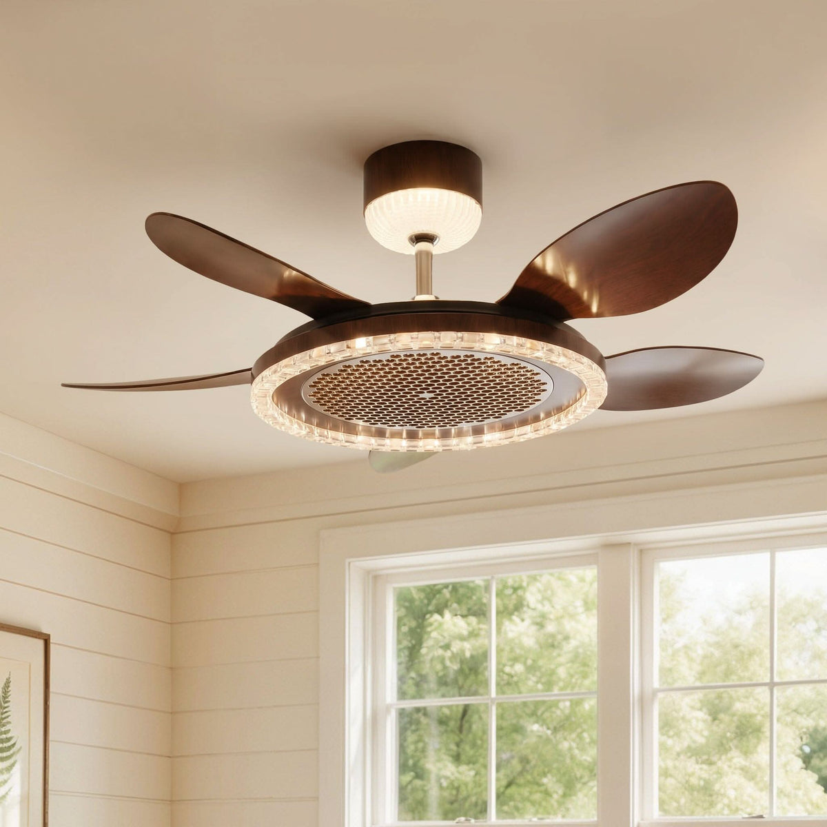 48 inch reversible ceiling fan with LED light highlighting the blade and light ring