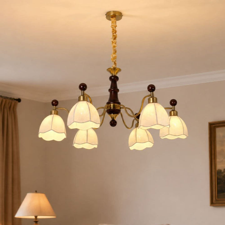 6-light chandelier with yellow fabric shades shown as a clean product view