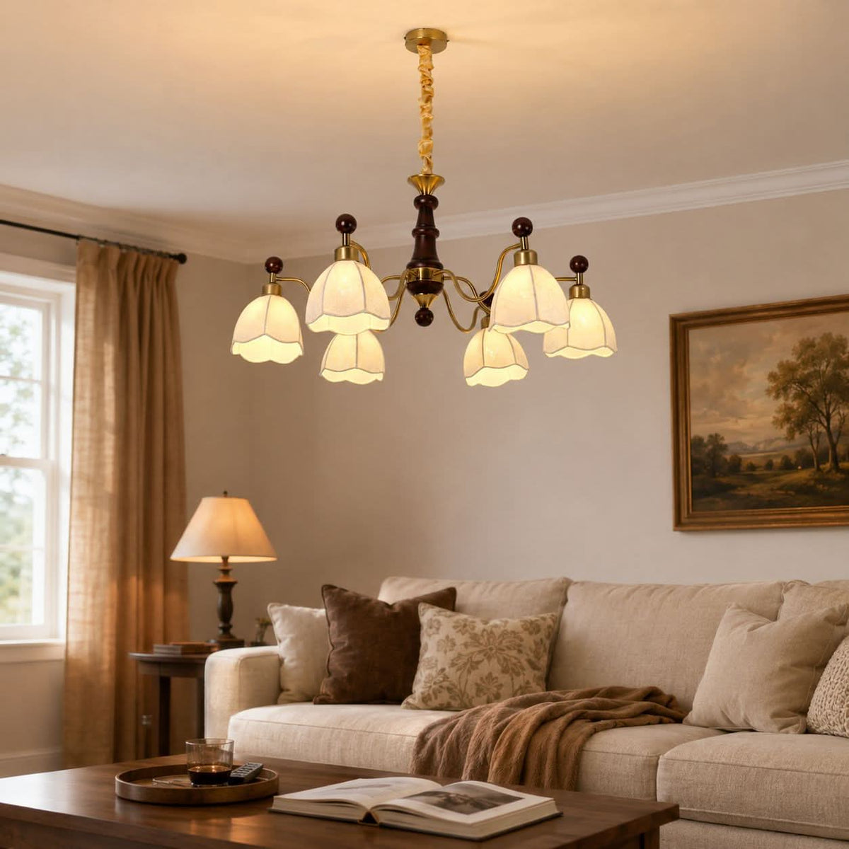 6-light chandelier with yellow fabric shades styled in a warm living room