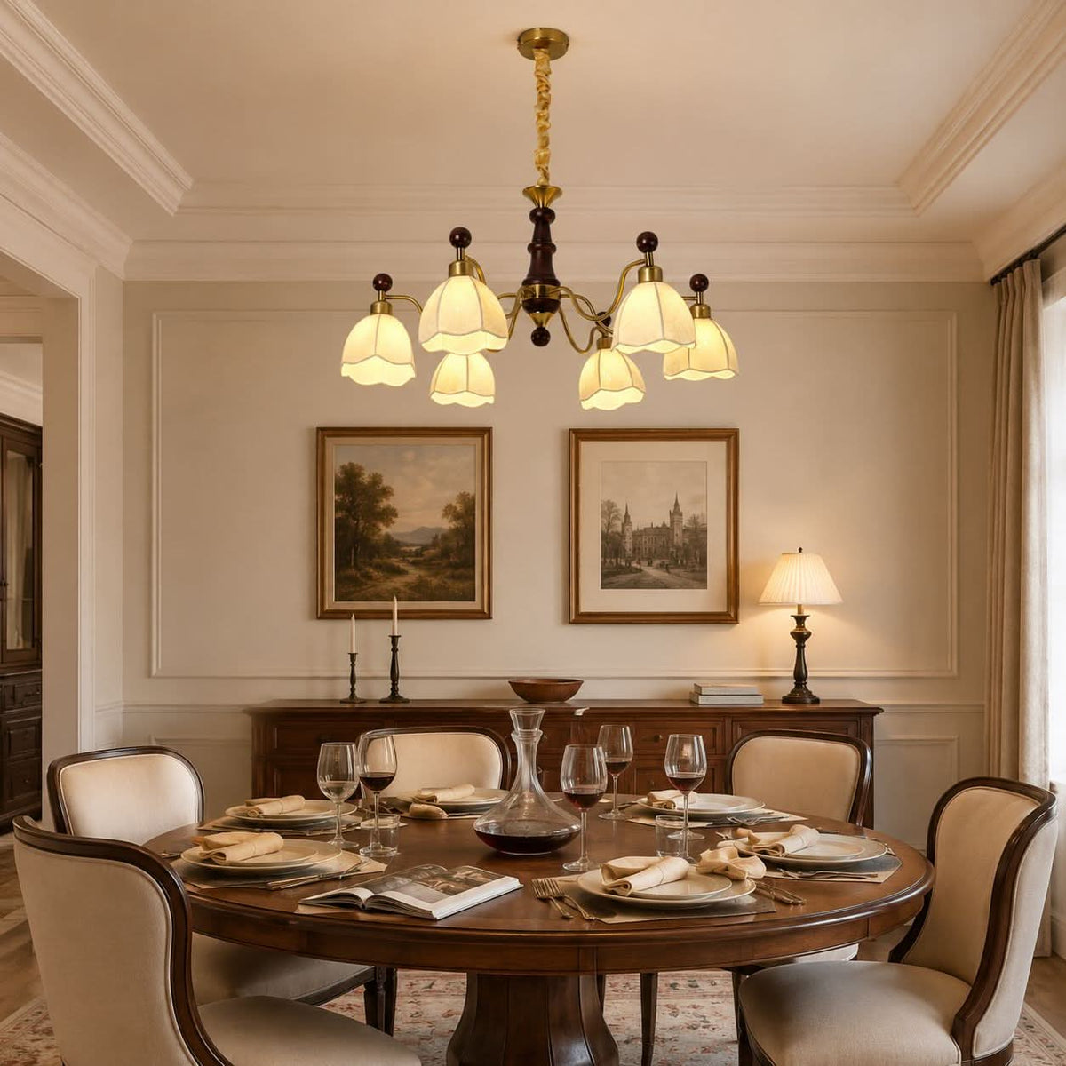 6-light chandelier with yellow fabric shades shown as a clean product view