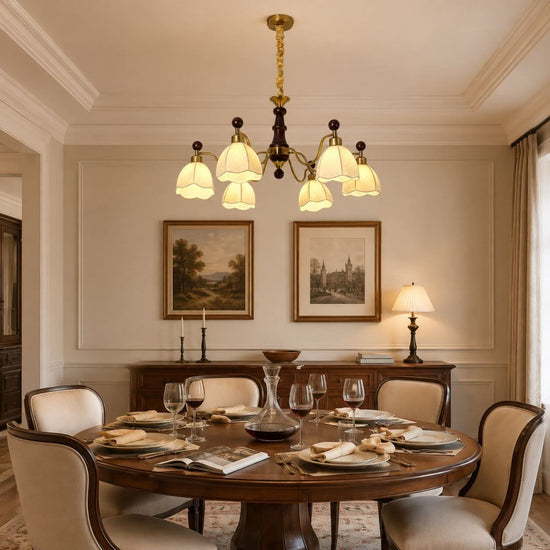 6-light chandelier with yellow fabric shades shown as a clean product view
