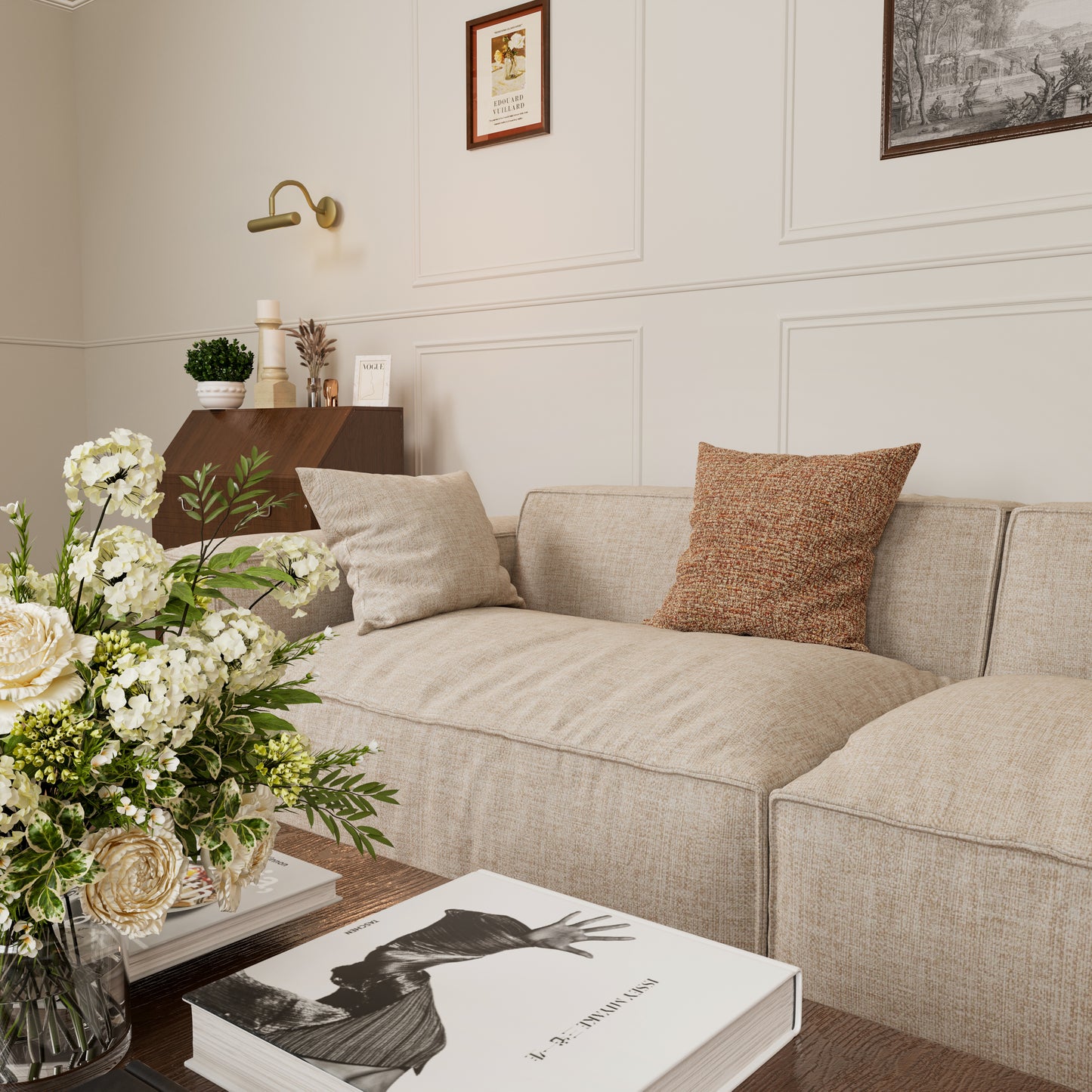 Elegant Linen Tofu Block Fabric Down Sofa
