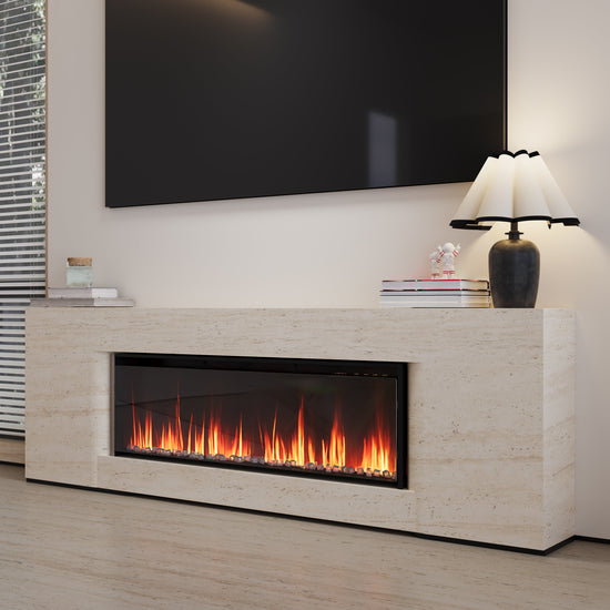 40/50/60inch Black Wall Mounted & Recessed Electric Fireplace with Adjustable Flame & Brightness