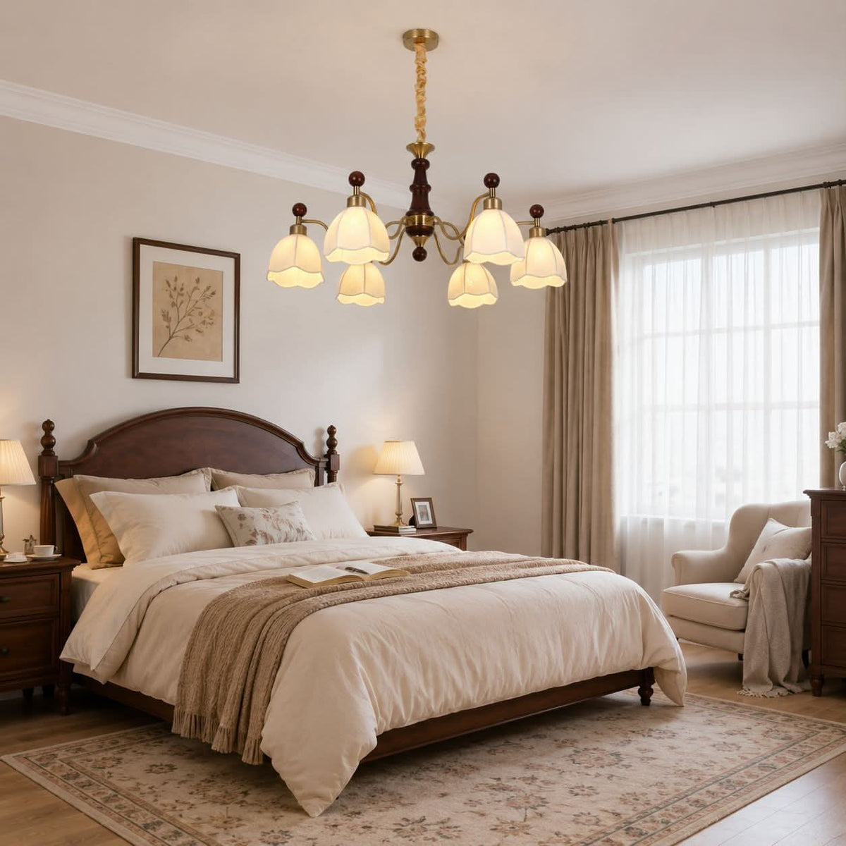 6-light chandelier with yellow fabric shades with canopy and shade details