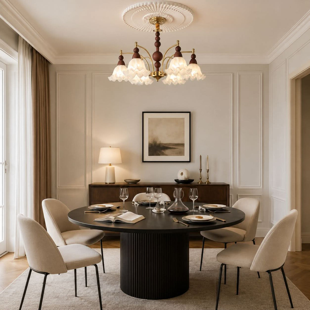 6-light chandelier with white glass shades adding soft light to a bedroom