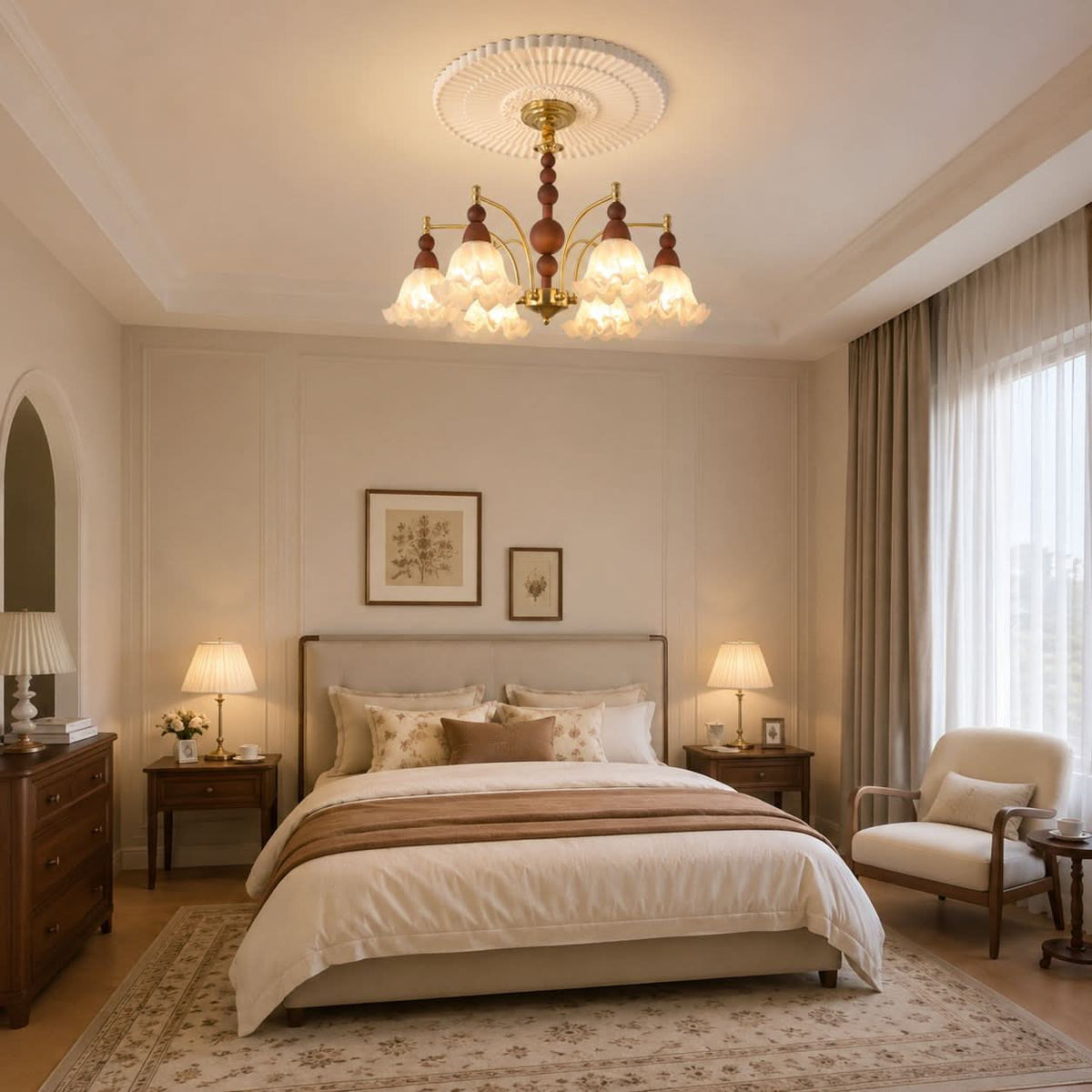 6-light chandelier with white glass shades shown as a clean product view