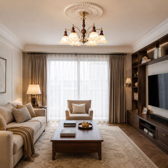 6-light chandelier with white glass shades with canopy and shade details